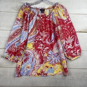 Chaps Ralph Lauren Top Womens M Red Paisley Colorful Peasant Boho Artsy Sheer